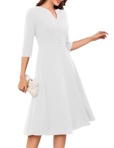 Image of DRESSTELLS Cocktail Dress, White Church Dresses for Women, Long Sleeve Formal Wedding Party Dress, Aline Fit and Flare Vintage Prom White L