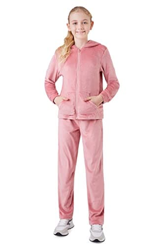 Image of CityComfort Girls Tracksuit Set, 2 Piece Velour Hoodie and Tracksuit Bottoms Lounge Set (Pink, 5-6 Years)