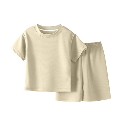 Image of Beige Boys Athletic Short Sets 2 Piece T-Shirt and Shorts for Kids Summer Outfits Crew Neck Short Sleeve Tops and Mesh Joggers Shorts Sportwear Loose Casual Tracksuits Vacation Clothes 3-4 Years