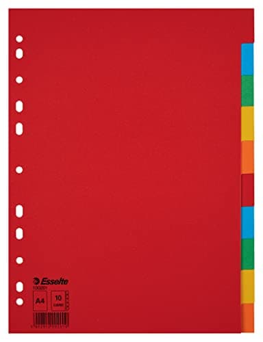 Image of Esselte A4 Card File Dividers, 10 Parts Coloured Folder Dividers for Ring Binders and Lever Arch Files, Made from Durable, Eco-friendly Recycled Card, 100201