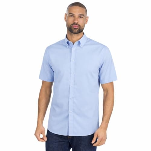 Image of Mens Short Sleeve Shirt Tailored Fit Easy Iron Collared Button Up Poplin Smart Casual Business Wedding Office Shirt (Light Blue, Slim Fit, 16.5)