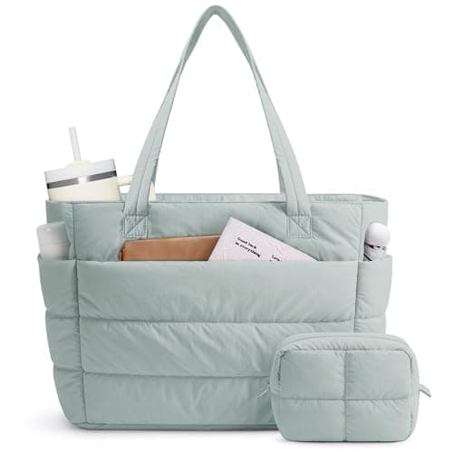 Image of Narwey Tote Bags for Women, Work Laptop Bags for Women with Makeup Pouch, Puffer Teacher School Shoulder Hand Bag for College Shopping Travel Gym Dance Beach Nurse (Sage Green)