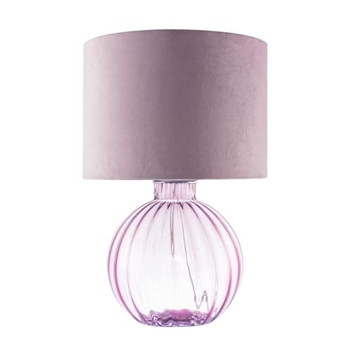 Image of Happy Homewares Contemporary Designer Lilac Ribbed Glass Round Table Lamp with Matching Soft Lilac Velvet Drum Shade | 1 x E27 11w Maximum | 42cm Height