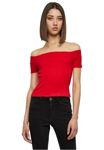 Image of Urban Classics Women's Ladies Off Shoulder Rib Tee T-Shirt, Fire Red, M