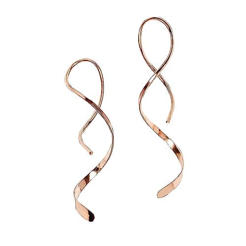Image of Spiral Threader Earrings for Women Stainless steel Handmade Twisted Curved Pull Through Earrings Drop Dangle Earrings Jewelry for Women (rose gold)
