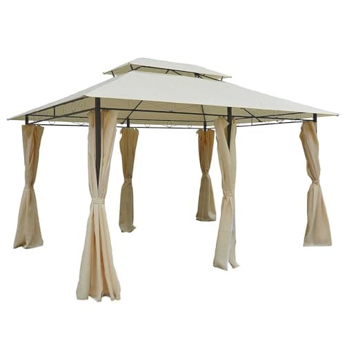 Image of Outsunny 4m x 3(m) Garden Gazebo, Double Roof Outdoor Gazebo Canopy Shelter with Curtains, Solid Steel Frame for Lawn and Deck, Beige