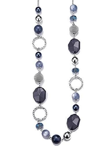Image of BULINLIN Long Beaded Silver Necklace for Her Crystal Bead Sweater Chain Fashion Jewelry Necklace Birthday Gifts for Women Mum(Navy blue)