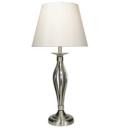 Image of Britalia Satin Chrome Vintage Open Metalwork Table Lamp with Cream Faux Silk Tapered Drum Shade | 53cm Height | 1 x ES E27 Lamp Bulb Required | UK Approved | in-Line On Off Switch