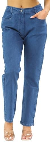 Image of UK Dispatch Womens Side Elastic Waist Jeans Straight Leg Regular Fit 25" Leg Ladies,16,Mid Blue