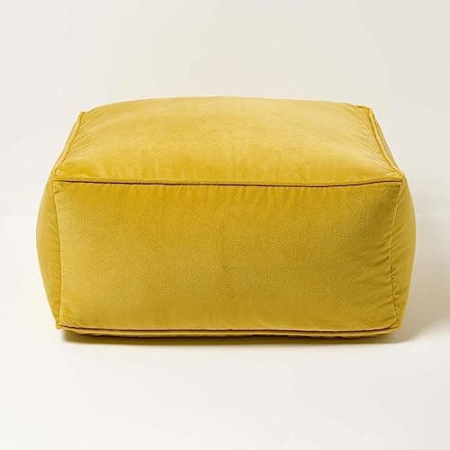 Image of HOMESCAPES Mustard Yellow Velvet Pouffe Cube 60 x 60 cm Square Bean Bag with 100% Cotton Velvet Cover & Piped Edging Large Plush Footstool for Living Room
