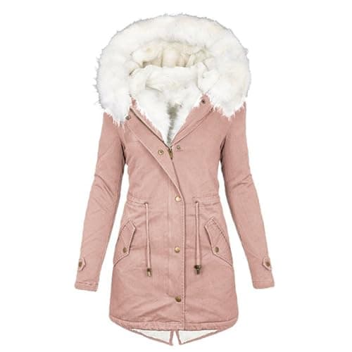 Image of ANHATUIV Winter Coats for Women Uk Plus Size Winter Warm Hooded Jacket Long Thicken Warm Fleece Lined Jacket Women Parka Jackets Zip Up Outerwear with Trim Fuffly Hood Packet Outdoor Outerwear Pink L
