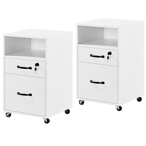 Image of Yaheetech 2pcs File Cabinet Mobile Letter Size File Storage Organizer Large Lateral Filing Cabinet with 2-Drawer and 1-Open Shelf Vintage Printer Stand for Home and Office White