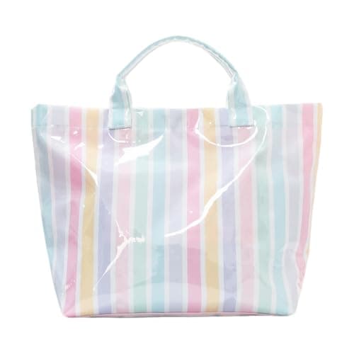 Image of Womens Striped PVC Tote Bag, Striped Tote Beach bag, Waterproof Handle Plastic Bags for Work Shopping Travel - Multiple styles (E)