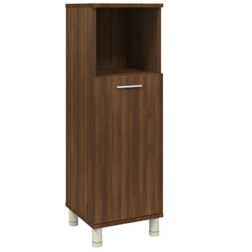Image of HGPOTUY Brown Oak Bathroom Cabinet with 3 Compartments and 1 Door, Freestanding Engineered Wood Storage Unit with High Feet for Organized Toiletries