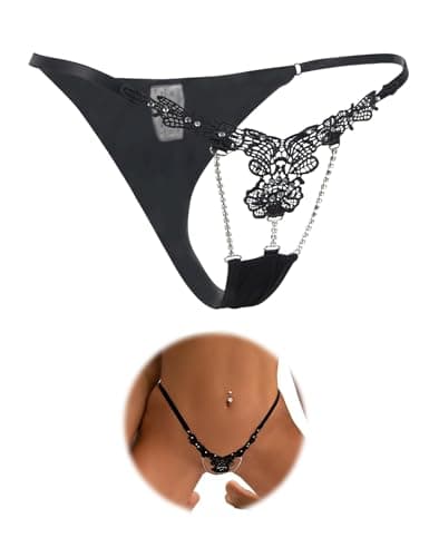 Image of ohmydear Floral G String Thongs for Women Sexy Low Rise Tanga Knickers Lace Rhinestones G-String Mesh Underwear Lingerie Adjustable Black Bikini Panties Uk 12