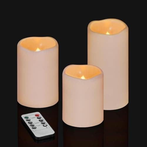 Image of Aku Tonpa 3 Pack Ivory Flameless Candles Set 4" 5" 6" Outdoor Indoor Pillars 3" Diameter Battery Operated Flickering Candles Include 10-Key Remote Timer Function 400+ Hours