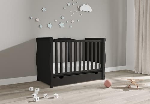 Image of Viculii Willow Baby Sleigh Mini Cot Bed with Drawer and Mattress 120x60x10cm | 3 in 1 Baby Black Cot Converts to Toddler Bed Junior Bed