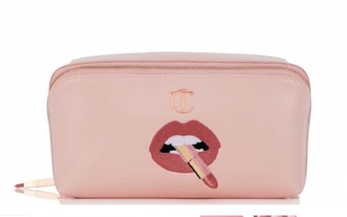 Image of Charlotte Tilbury Pillow Talk Makeup Bag - Multi-Magic, Travel Cosmetic Bag in Pillow Talk Pink - Iconic Lip Print Design with Rose Gold Zip