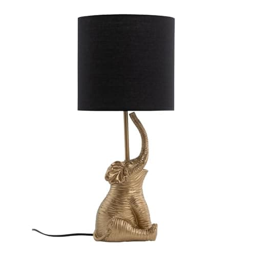 Image of firstchoicelighting Gold Elephant Table Lamp or Bedside Light with Black Fabric Shade, Gold Resin Animal, Height 46 cm, LED Compatible