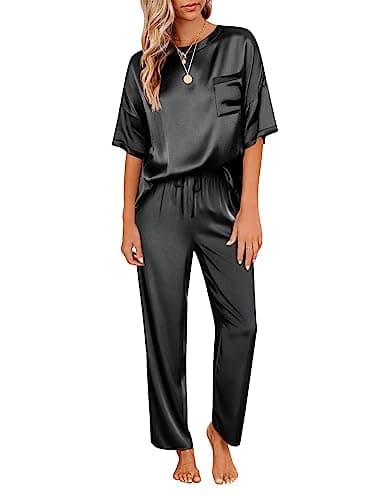 Image of Ekouaer Women's Sleepwear Soft Short Sleeve Pyjama Ladies Satin Pyjamas Set Short Sleeve Shirt with Long Pajama Pant, Black, L