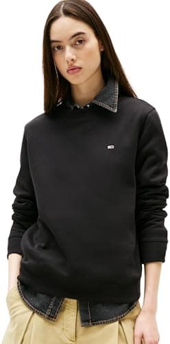 Image of Tommy Jeans Women's Tjw Reg S Flag Crew Dw0dw19959 Pullover Sweatshirt, Black (Black), S