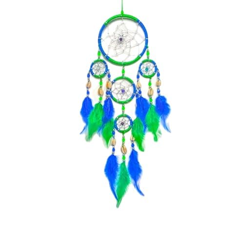 Image of BRILLIANT GIFTS Dream Catcher for Boys and Girls, Blue, Green, Shells, Silver, Feathers, Hanging, Christmas, Diwali, Birthday, New Year