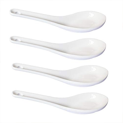 Image of Pirhosigma 4 pcs Asia Porcelain Soup Spoon Ceramic Rice Spoons Chinese Won Ton Spoons for Home Kitchen Restaurant