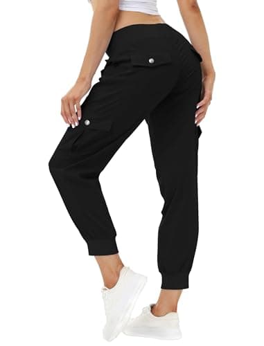 Image of JINSHI Women's Cargo Trousers Lightweight Joggers Casual Athletic Sports Pants Outdoor Walking Hiking Trousers Cargo Pockets Black Size US M