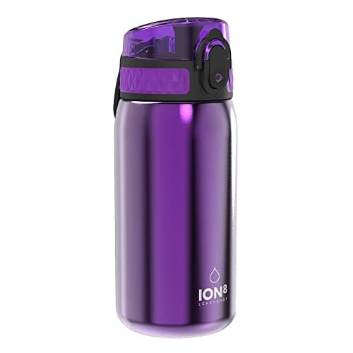 Image of ION8 Lightweight Steel Kids Water Bottle, 400ml/13oz, Non-Insulated, Leak Proof, Easy to Open, Secure Lock, Dishwasher Safe, Fits Cup Holders, Carry Handle, Metal Water Bottle, Metallic Purple