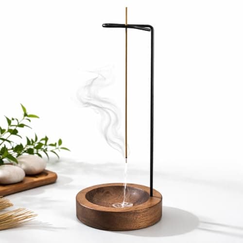 Image of Upside Down Incense Stick Holder with Ash Catcher Bowl, Wooden and Metal Hanging Incense Burner, Clean Ash Collecting Design for Meditation, Yoga, Home, Office and Relaxation Spaces