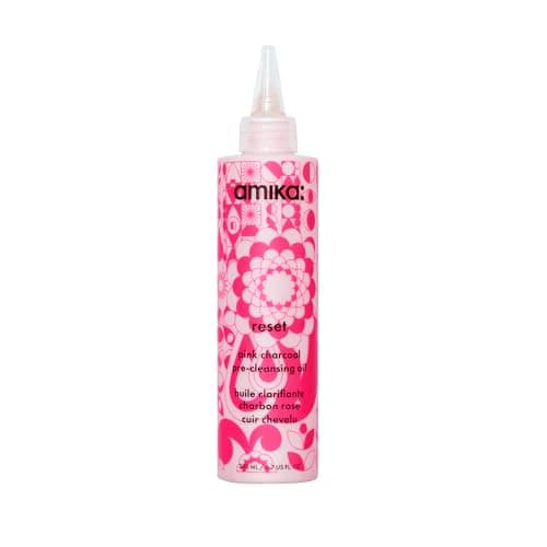 Image of amika reset pink charcoal cleansing scalp oil - oil-to-foam pre-wash scalp treatment - breaks down product build-up, dirt + oil - non-stripping, purifying hair care for dryness + itchiness (200 ml)