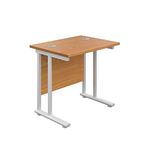 Image of Office Hippo Heavy Duty Rectangular Cantilever Office Desk, Home Office Desk, Office Table, Integrated Cable Ports, PC Desk For Office or Home, 5 Yr Wty - White Frame/Oak Top, 80cm x 60cm