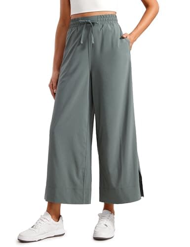 Image of CRZ YOGA Women's High Waisted Wide Leg Cropped Trousers Casual Loose Fit Lightweight Drawstring Split Side Pants with Pockets Grey Sage 14