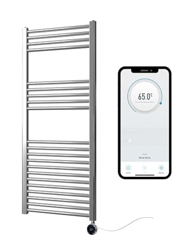 Image of Greened House Chrome Electric Smart WiFi Controlled Heated Towel Rail 500mm W x 1200mm H Flat 7 Day Programmable Timer App Compatibility