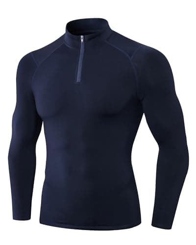 Image of Yuerlian Navy Men’s 1/4 Zip Thermal Tops Quick Dry Base Layer Long Sleeve Shirts Fleece Lined Winter Gear Mock Turtleneck Compression Tops Sports Gym Running T Shirts