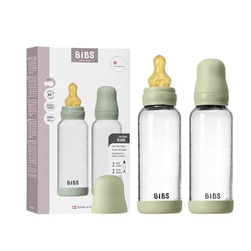 Image of BIBS Baby Glass Bottle 2-Pack 240ml. Anti-Colic. Vented Round Natural Rubber Latex Nipple. Supports Natural Breastfeeding, Complete Set - 240 ml (Pack of 2), Sage