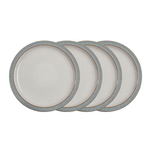 Image of Denby - Elements Light Grey Dinner Plates Set of 4 - Dishwasher Microwave Safe Crockery 26.5cm - Pale Grey, White Ceramic Stoneware Tableware - Chip & Crack Resistant Large Plates
