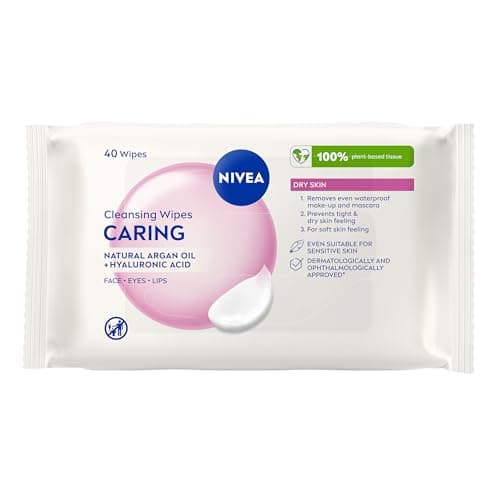 Image of NIVEA 3in1 Caring Cleansing Wipes Dry Skin (40 Wipes), Plant-Based Makeup Remover Sheets, Face Wipes for Dry Skin, Gentle yet Effective Makeup Removal