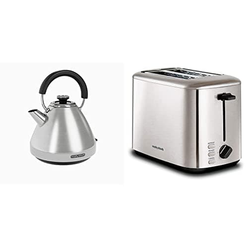 Image of Morphy Richards 100130 Venture Pyramid Kettle Brushed Stainless Steel & 222067 Brushed Equip 2 Slice Stainless Steel Toaster, 800 W, Brushed
