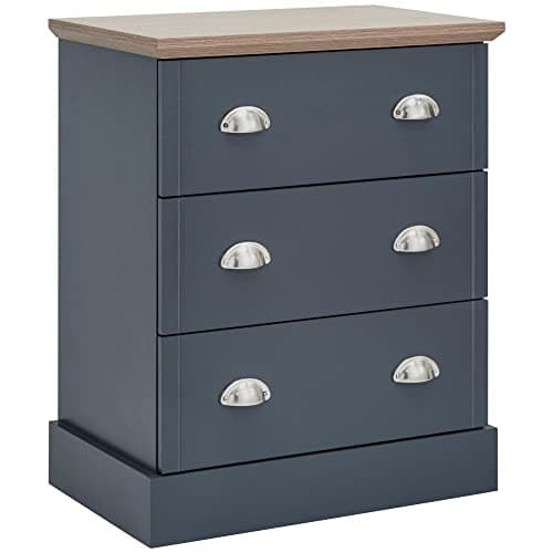 Image of GFW Kendal 3 Drawer Chest With Steel cup Handle & 34 Litre Drawers Bedroom, Modern Wooden side table, Modern Bedroom Furniture Storage With Contrast Oak Top, Slate Blue, H-71.2cm x W-59cm x D-39.6cm