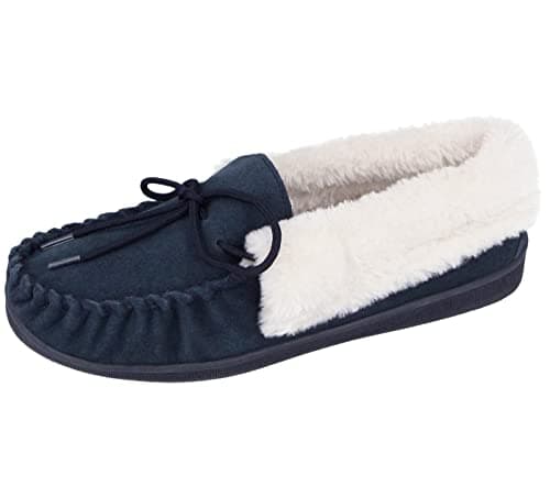 Image of Cushion Walk Ladies Real Suede Leather Faux Sheepskin Fur Lined Moccasin Slippers Size 4-8 (UK 7/ EU 40, Navy)