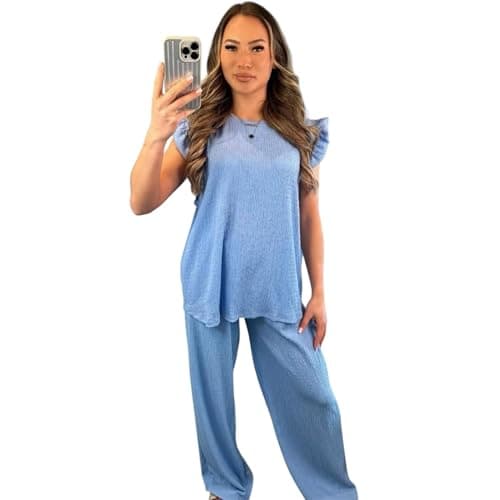 Image of Ladies Textured Waffle Frill Ruffle Arm Two Piece Co Ord Set Womens Cheesecloth Short Sleeve Tops Wide Leg Summer Pants Trousers Crinkle Tracksuits For Women Loungewear Sets (Sky Blue, UK 18-20)