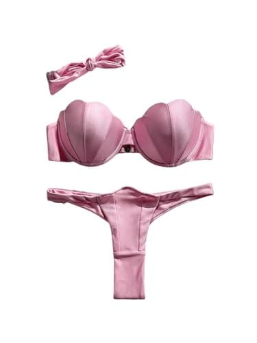Image of GORGLITTER Strapless Bikini Sets for Women UK Underwire Push Up High Cut Swimsuits 2 Piece Scalloped Bandeau Swimwear Pink Small