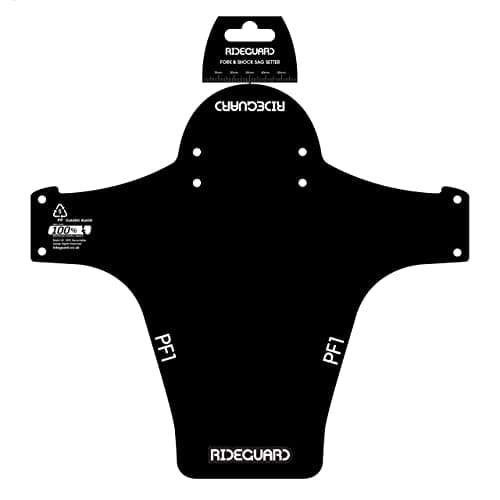 Image of RideGuard PF1 Classic Black. Front MTB Mudguard Mountain Bike Fender. Fits 24”, 26”, 27.5”, 29”, Plus Size and Fat Bikes. UK Made 100% Recycled Plastic Waste 100% Recyclable.