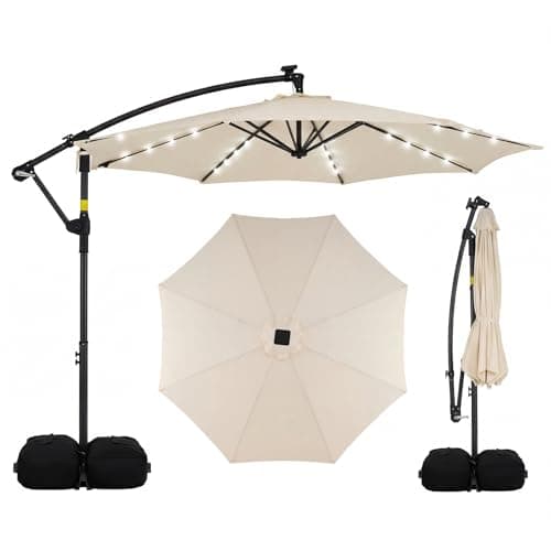 Image of COSTWAY 2.9M/3M Garden Cantilever Parasol, Outdoor Offset Banana Hanging Umbrella with LED Lights, Crank Handle and 360° Rotation, Water-proof Sun Shade Canopy (3M, Beige, with 32 Lights)