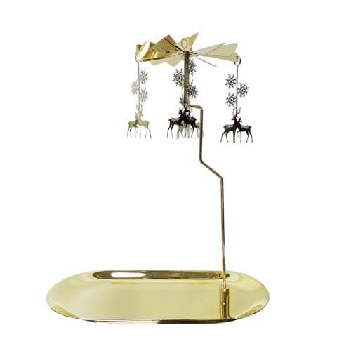 Image of kingnero rotary candle holder tray carousel candle home decoration metal tea light spinning candleholder for Christmas (gold round)