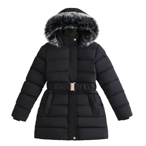Image of Momolaa 7-8 Years Kids Girls Winter Fleece Lined Puffer Jackets with Belt Hooded Parka Snow Coats with Removable Hood Waterproof Warm Long Parka Outerwear Black