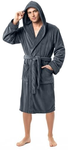 Image of NY Threads Mens Dressing Gowns Fleece Fluffy Hooded Bathrobe Men Warm Luxury Housecoat and Nightgown, X-Large, Grey