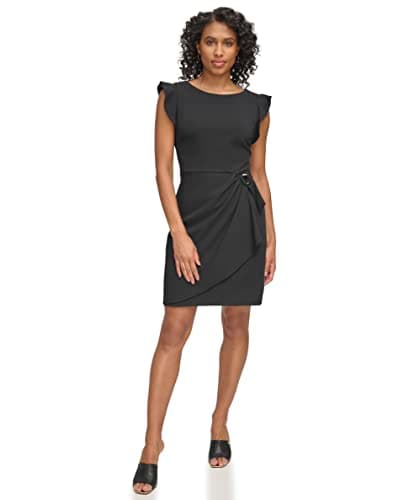 Image of DKNY Women's Flutter Sleeve Faux Wrap Dress with Hardware, Black, 20