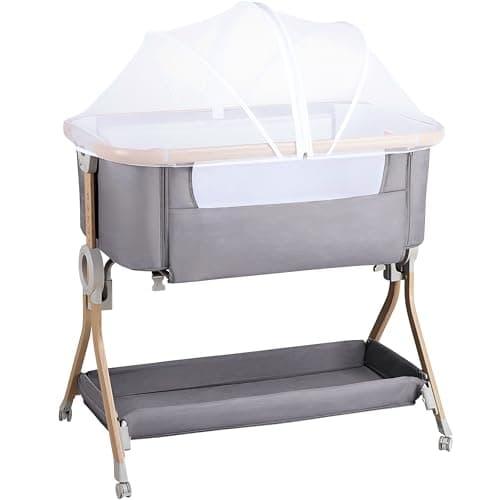 Image of Larex Next To Me Crib，Baby Bassinet Bedside Sleeper Crib Co Sleeper with Mosquito Net, Storage Bag & Basket,Baby Crib with 5-Height Adjustable Levels, Breathable Mattress & Mesh(Dark Grey)